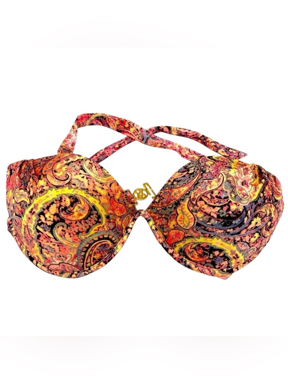 Victoria Secret Bikini Top Yellow Tan Paisley Print Gold/Color Logo Sz 34D